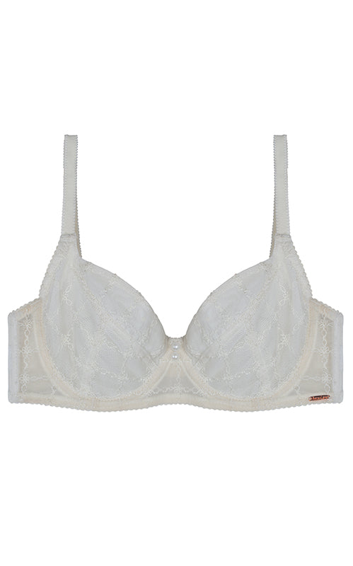 Aria Leya - New York Snow Embroidered Mesh Balcony Bra - Off White Aria Leya, Bras, bridal, Bridal Collection, Designer collection, featured, lacy, off white, underwired - bare essentials