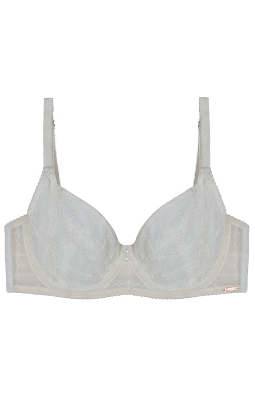 Aria Leya - New York Snow Embroidered Mesh Balcony Bra - Off White Aria Leya, Bras, bridal, Bridal Collection, Designer collection, featured, lacy, off white, underwired - bare essentials