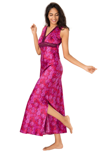 Satin Back Tie-Up Nightdress - Maroon Rose - NW0049 featured, Floral, lace, Longdress, nightwear, prettysecrets, Satin - bare essentials